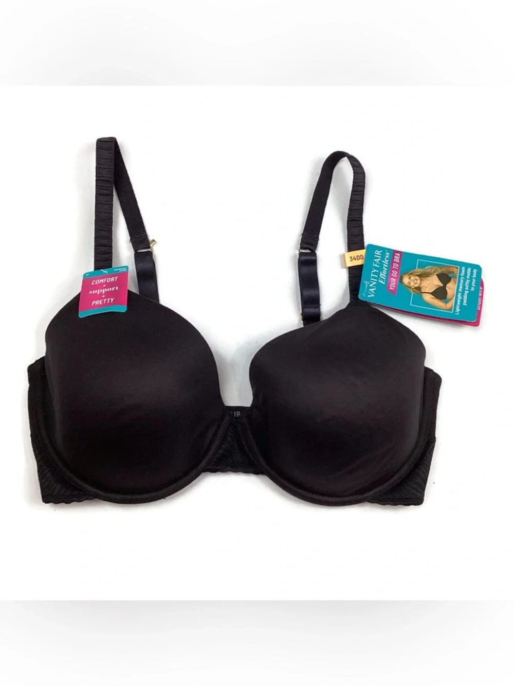 Vanity Fair Effortless Black Go To Bra Padded Underwire 34DD NEW! Retail $50